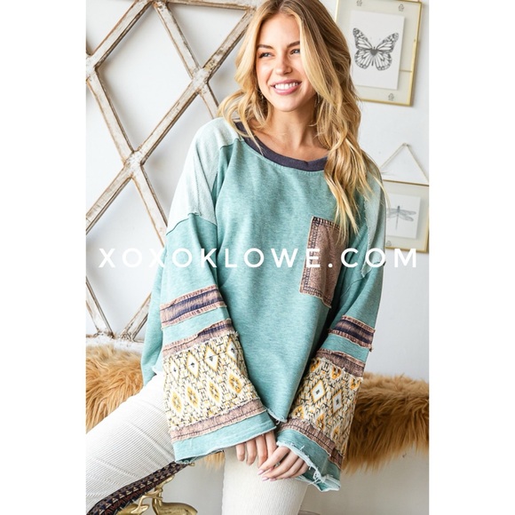 Oli & Hali Tops - Oli & Hali Mixed Fabric Long Sleeve Top in Teal